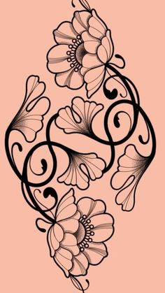 a drawing of some flowers on a pink background with black lines and swirls in the middle