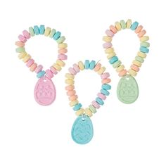 Sweet treats from the Easter Bunny! Candy bracelets are always a hit with kids, and these goodies are delicious Easter basket stuffers. They make yummy party favors for the little ones at the family holiday dinner. Each bracelet features an Easter egg-shaped charm. Individually packaged. 6" circ. bracelet on stretchy elastic cord with 3/4" x 1" edible charm. Total wt. 5 oz. Fat-free. Edible Jewelry For Kids, Candy Bracelets, Easter Egg Candy, Easter Egg Fillers, Egg Fillers, Candy Bracelet, Easter Goodies, Candy Necklaces, Candy Jewelry