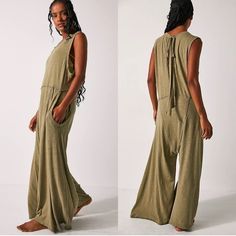 New Free People Homebody Oversized Tie Back Romper One Piece Jumpsuit Green Size Medium New Without Tags Effortlessly Easy And Ultra-Soft, This Slouchy One-Piece Is Featured In A Sleeveless Silhouette And Relaxed Fit With Billowy Wide Legs And Adjustable Tie-Back Detail. Fit: Shapeless, Relaxed Fit; Wide-Leg Style Features: Soft Cotton Jersey, Lightweight Design, Scoop Neckline, Sleeveless Silhouette, Pockets For Hands, Drop-Crotch Harem-Style, Exposed Seams, Adjustable Tie-Back Detail With Cuto Sleeveless Relaxed Jumpsuits And Rompers For Spring, Relaxed Sleeveless Jumpsuits And Rompers For Spring, Relaxed Sleeveless Jumpsuits For Spring, Oversized Jumpsuits And Rompers For Summer Loungewear, Oversized Jumpsuits And Rompers For Summer, Oversized Jumpsuits And Rompers For Lounging In Spring, Relaxed Sleeveless Loungewear Jumpsuit, Oversized Solid Color Jumpsuits And Rompers For Loungewear, Oversized Solid Color Loungewear Jumpsuits And Rompers