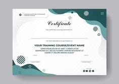 certificate template with abstract shapes in blue and green colors on a white background, for training courses