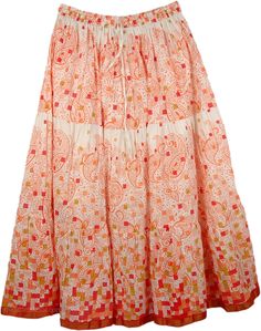 Cotton Print Bright Long Skirt - An attractive and unique paisley and square summer print Carmine Bright voluminous cotton skirt. It has a shining ribbon on the hem. The floral pattern in Carmine Red and carnations is graphic. Easy wear with pull-on styling and the waist has an elastic with a simple drawstring for sizing flexibility. Length: 35" ; Waist: 24"-46" (Elastic with a drawstring); Material: 100% Cotton (with 3/4th lining) Floral Skirt Summer, Summer Wear For Women, Womens Skirt Outfits, Steampunk Skirt, White Long Skirt, White Clothing, Trendy Skirts, Fashion Hacks Clothes, Boho Print