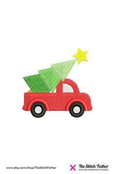 a red car with a green christmas tree on the back and stars in the top