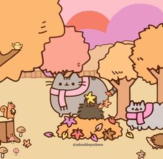 an image of a cartoon scene with cats and animals in the woods on a fall day