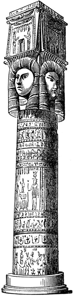 an egyptian statue with eyes and headdress, vintage line drawing or engraving illustration