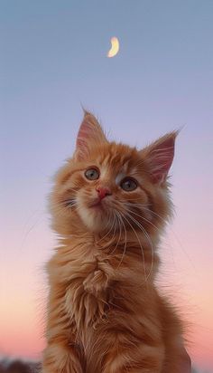 a small orange kitten sitting on top of a wooden table next to a half moon