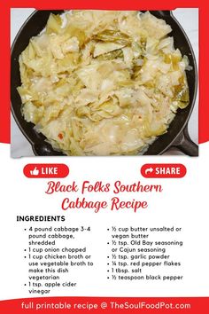 the recipe for black folks southern cabbage is shown in red and white, with information about how to cook it