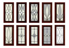 six different types of stained glass windows in various shapes and sizes, all with decorative designs