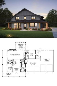 the floor plan for this modern farmhouse house is very large and has two master suites