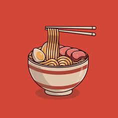 a bowl of ramen with chopsticks and an egg on top, against a red background