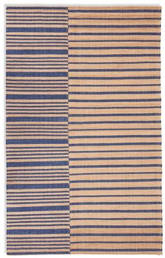 two blue and beige striped rugs on a white background, each with different stripes