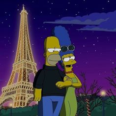 the simpsons is hugging his friend in front of the eiffel tower at night