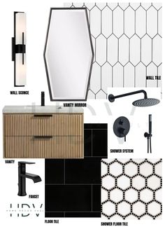 Step into a contemporary oasis where clean lines and bold shapes meet sleek sophistication. This modern black and white bathroom boasts a striking monochromatic palette, inviting you to indulge in a sanctuary of stylish tranquility. Design your new bathroom the easy way with this modern bathroom design plan! Light Wood And Black Bathroom, Black Wood White Bathroom, White Oak And Black Bathroom, White And Black Powder Room, Galey Alix Design Bathroom, Modern Traditional Master Bath, Stand Up Shower Small Bathroom, White Black Wood Bathroom, Bathroom Remodel Mood Board