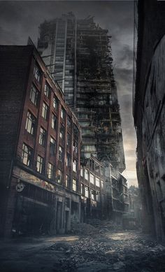 an old building in the middle of a city with lots of windows and debris on the ground