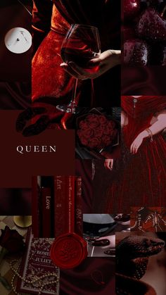 a collage of red and black images with the words queen on it