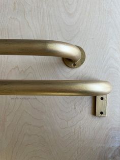 two brass handles on a wooden door