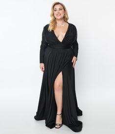 Plus Size Black Long Sleeve Sophisticated Goddess Gown - Unique Vintage - Womens, DRESSES, PROM AND SPECIAL OCCASION Goddess Gown, Plus Size Prom, Drape Gowns, Guest Attire, Wedding Attire Guest, Black Long Sleeve Dress, Black Gown, Inspired Dress, Retro Dress