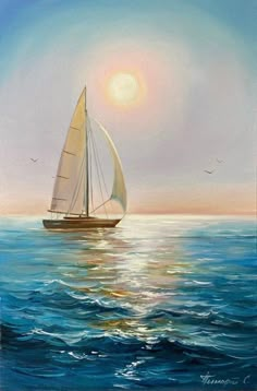 a painting of a sailboat in the ocean