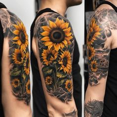 sunflowers on the arm and shoulder are shown in three different views, one is black and white