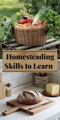 A wicker basket filled with fresh vegetables sits on a wooden pallet outdoors. Below, homemade bread on a kitchen counter evokes a cozy homesteading vibe.