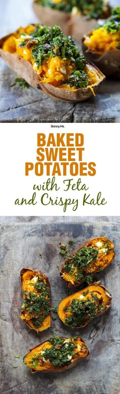 baked sweet potatoes with cheese and crispy kale