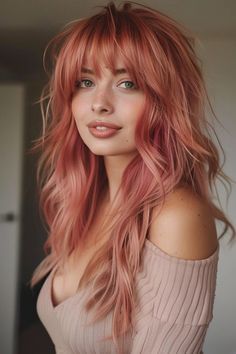 Unique Hair Colour Ideas, Women’s Long Hairstyles, Platinum Blonde Hair With Color Pop, Newest Hair Trends 2024, Dark Peach Hair, Light Red Hair Color, Pick Hair