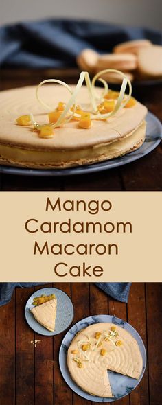 mango cardamom macaron cake on a plate with two slices cut out