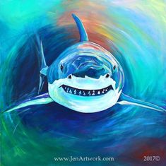 a painting of a shark with big teeth