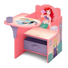 This Disney Princess Chair Desk with Storage Bin by Delta Children offers kids the perfect spot for snack time, crafts, playtime or homework. This smart and sturdy chair with colorful graphics of Ariel, Jasmine, Belle, Moana and Rapunzel also features a built-in cup holder to hold markers, plus a fabric storage bin underneath for additional art supplies or toys. Perfectly sized, this durable chair and desk combo has a large work surface and low height that makes it easy for preschool kids and to Disney Princess Snacks, Moana And Rapunzel, Princess Chair, Famous Princesses, Disney Princess Characters, Chair Desk, Desk With Storage, Colorful Graphics, Royal Castles