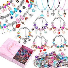 PRICES MAY VARY. Package Include: DIY charm bracelet making kit come with 60 Pcs European big hole color beads, 40 Pcs Charm and 40 Pcs Beads Pendants, 5 Pcs love chain bracelet, 5 Necklace Cords and 1 gift box DIY Kit For Girls: Unicorn/Mermaid Crafts Gifts Set, Creating a unique jewelry charms craft, dangle, bracelet, keychain, anklet. It can be an entertaining party craft for girls. Simple to Use - Unscrew to remove the end cap, After stringing in the beads, simply screw back the end cap tigh Charm Bracelet Making, Charm Necklace Diy, Bracelet Making Kit, Mermaid Crafts, Pink Gift Box, Gifts Set, Jewelry Making Kits, Crafts Gifts, Diy Charm Bracelet