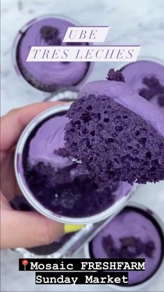 a hand holding a purple cake in a cup with the words, ube tres leches