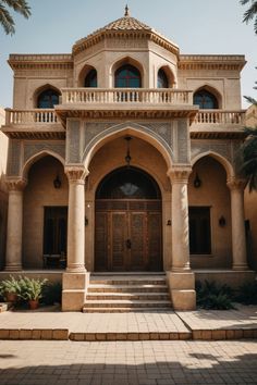 the front entrance to a large building with steps leading up to it and palm trees on either side