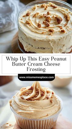 an image of a cake with frosting on it and the words whip up this easy peanut butter cream cheese frosting