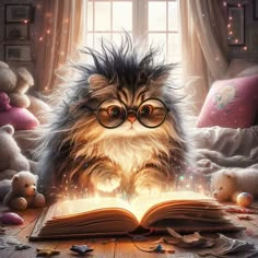 a cat wearing glasses is reading a book