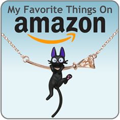 a black cat with an amazon tag on it's back and the words, my favorite things on amazon