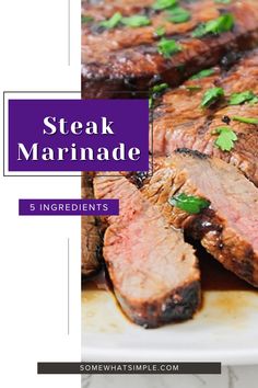 steak marinade on a white plate with parsley garnish and text overlay