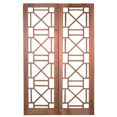 an open wooden door with lattices on the top and bottom panels, in front of a white background