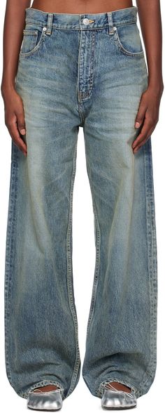 Balenciaga: Blue Loose-Fit Jeans | SSENSE Luxury Jeans With Multiple Pockets For Streetwear, Luxury Baggy Chic Bottoms, Luxury Wide Leg Flare Jeans For Men, Luxury Denim Jeans, Balenciaga Blue, Balenciaga Clothing, Loose Fit Jeans, Contrast Stitch, Accessories For Women