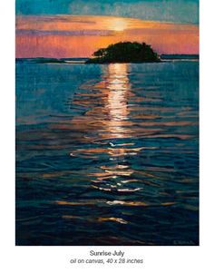 an oil painting of the sun setting over water with a small island in the distance