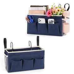 two blue storage bins with flowers and pens in them, one is filled with office supplies