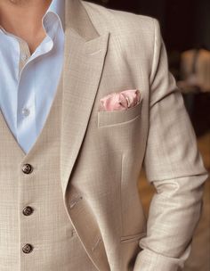 Sandy Beige Mens Wedding suit with pink pocket square. Antique Metal Button. White Polka Shirt with matching collar line Tan And Pink Suit Men, Beige And Pink Suit Men, Beige Suit With Pink Tie, Tan Suit Pink Shirt, Beige Suit Pink Tie, Wedding Suite Man, Champagne Suits For Men Wedding, Cream Suit Men Wedding, Kali Outfit