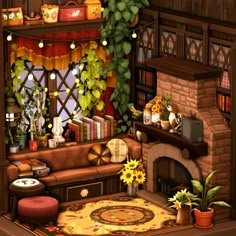 a living room filled with furniture next to a fire place and potted plants in front of a window