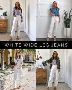 White Jeans (3 Styles + Outfit Ideas) - Merrick's Art White Ribcage Jeans Outfit, White Pants Jean Shirt Outfit, Spring Outfits 2023 White Jeans, White Marine Straight Jeans Outfit, High Rise White Jeans Outfit, White Pants Outfit Ideas For Women, Loose White Jeans Outfit, White Ankle Jeans Outfit, White Jeans Outfit Spring 2024