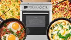 four different types of pizzas and eggs in pans next to an electric stove