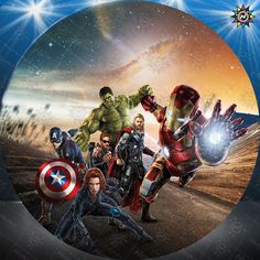 an image of the avengers movie characters in front of a star field with lights and stars