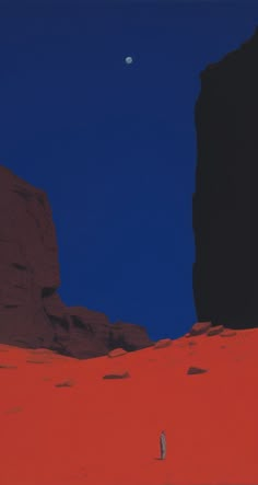 a person standing in the middle of a desert under a blue sky with a half moon