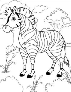 a zebra standing in the grass with clouds and trees behind it, coloring book page