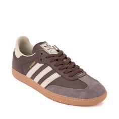 Mens adidas Samba OG Athletic Shoe - Brown / Putty Gray / Gold Metallic / Gum | Journeys Trendy Mens Sneakers, Brown Sambas Adidas, Mens Sneaker Outfits, Aesthetic Mens Shoes, Aesthetic Sneakers Men, Sambas Colors, Popular Shoes 2024, Sneakers That Go With Everything, Guy Birthday Gifts