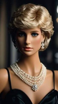 a mannequin head wearing pearls and a black dress