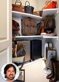 a closet filled with lots of different types of purses and luggage next to a man's face