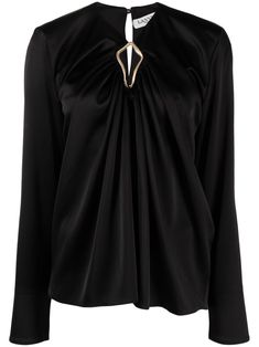 jet black tonal stitching gold-tone hardware draped detailing round neck single rear button fastening long sleeves straight hem Black Satin Blouse, Lanvin Dress, Draped Blouse, Drape Sleeves, Metal Detail, Work Wear Women, Satin Blouse, Red Blouses, Brown Fashion